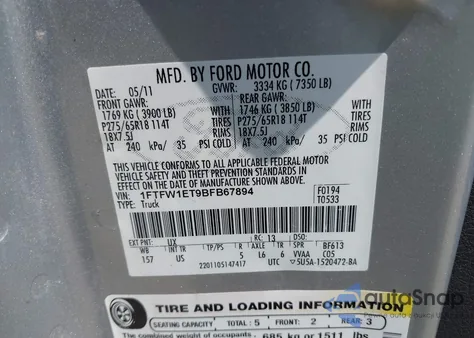 2011 Ford F-150 Xlt z USA, uszkodzony, nr VIN 1FTFW1ET9BFB67894